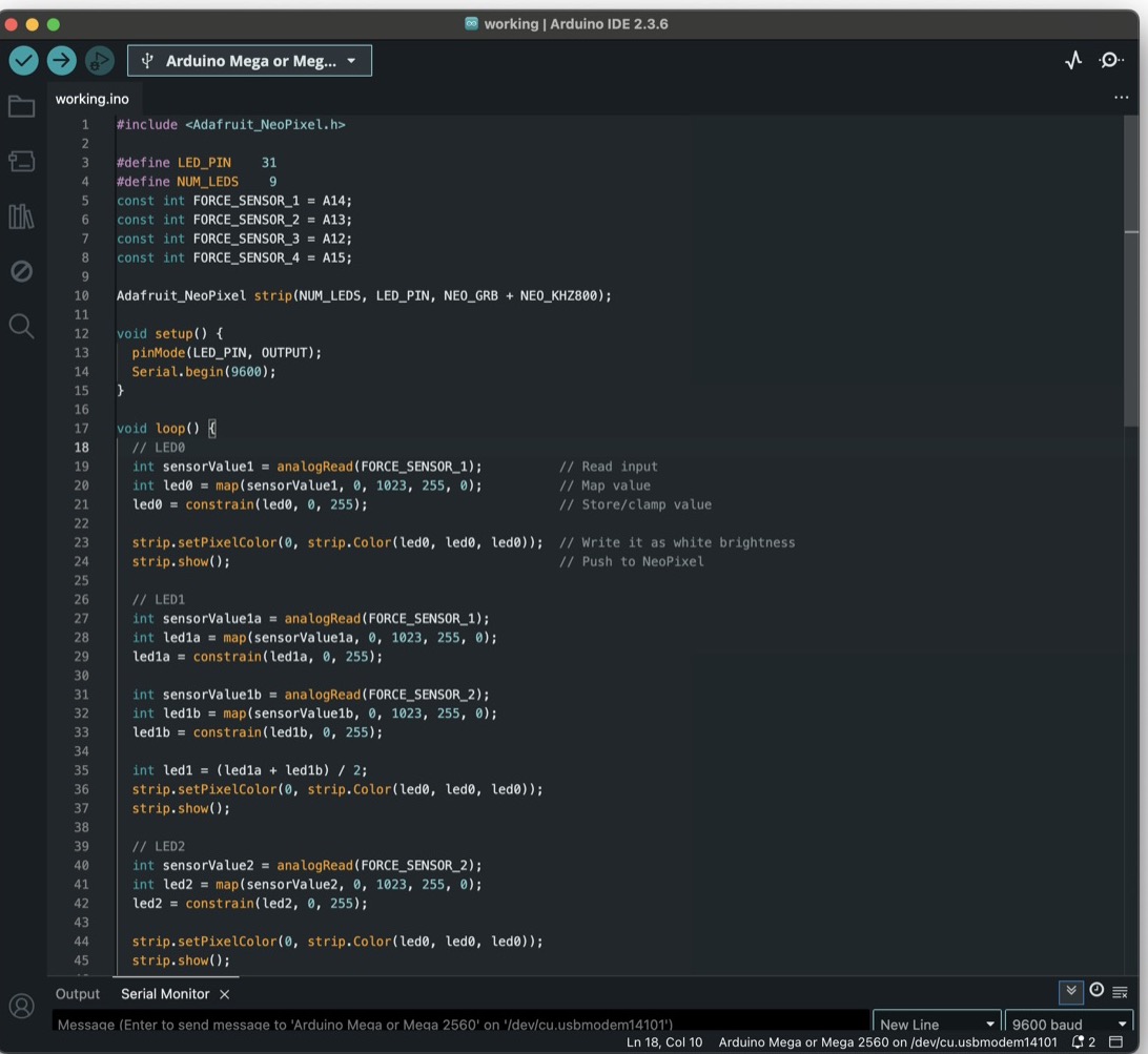 Arduino IDE showing the sketch that reads each force sensor and maps it to LED brightness