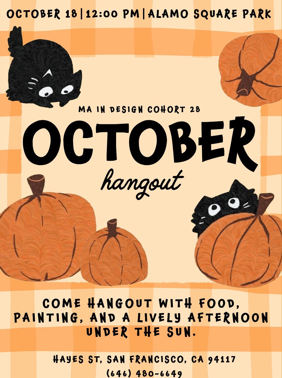 October hangout flyer for MA in Design Cohort 28: pumpkins and black cats on orange gingham, Oct 18 at Alamo Square Park