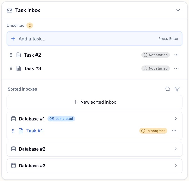 Task inbox widget with an unsorted capture list and sorted database inboxes