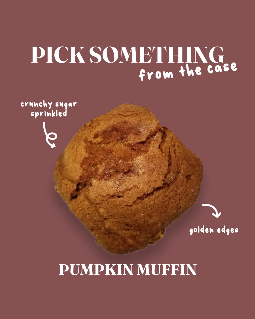 Pick something from the case: cut-out pumpkin muffin on mauve with handwritten notes and arrows